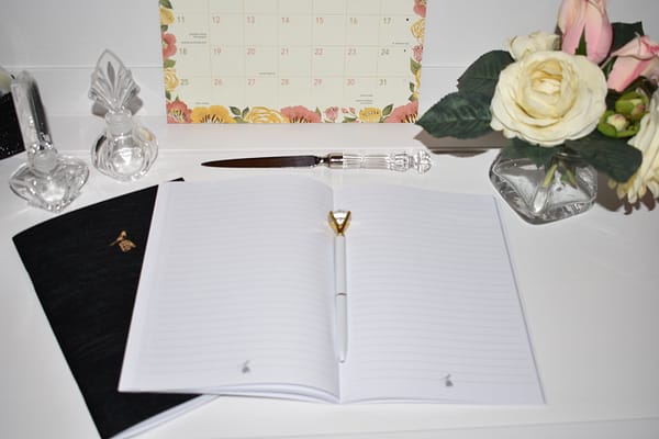 Bieffe Italian Journal Set: White journal opened to center with white solitaire pen resting in crease