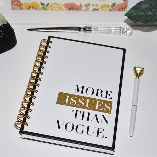 Spiral Journal: 'More Issues Than Vogue' White with black edge, zoomed in